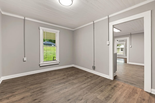 spare room with wood-type flooring and crown molding