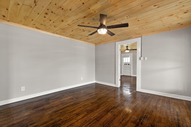 spare room featuring wood ceiling, ceiling fan, wood-type flooring, and ornamental molding