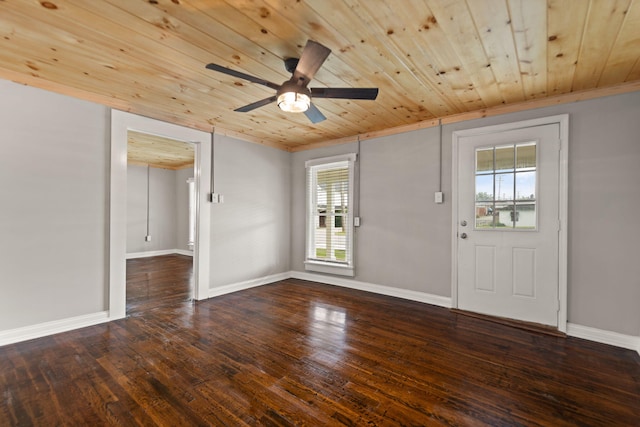 foyer with wood ceiling, ceiling fan, and hardwood / wood-style floors