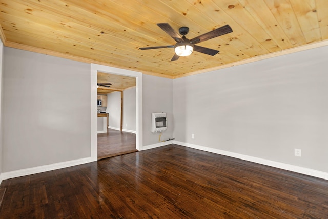 unfurnished room featuring wooden ceiling, ceiling fan, hardwood / wood-style floors, and crown molding