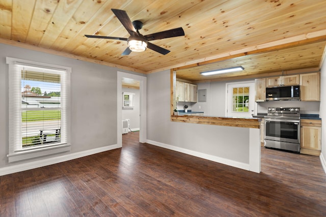 kitchen featuring plenty of natural light, dark hardwood / wood-style flooring, appliances with stainless steel finishes, and wooden ceiling