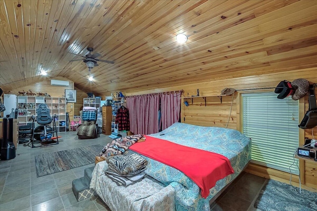 bedroom featuring wooden ceiling, lofted ceiling, a wall unit AC, and wood walls