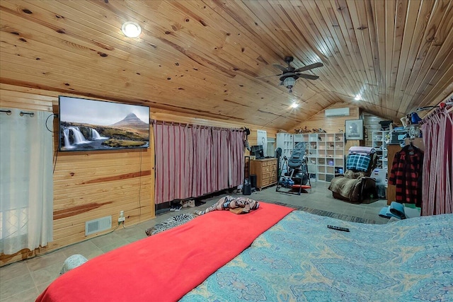 bedroom with wood ceiling, vaulted ceiling, a wall unit AC, and wooden walls