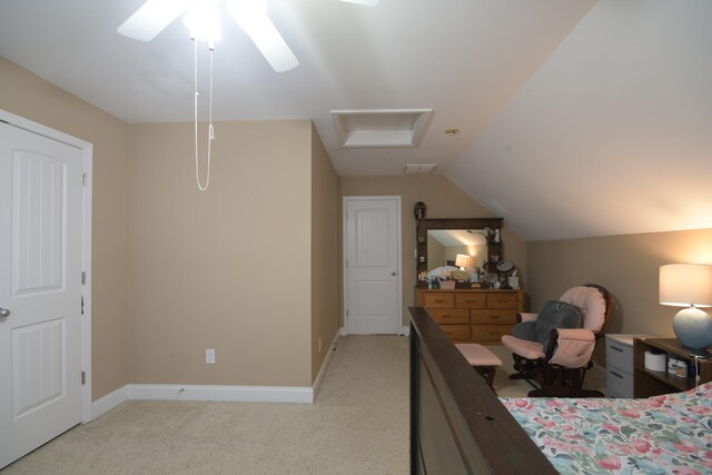 bedroom with light carpet, ceiling fan, and lofted ceiling