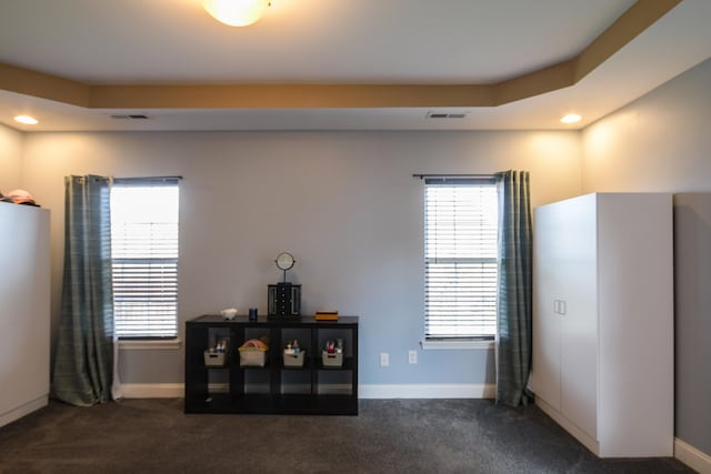 interior space with a raised ceiling and dark carpet