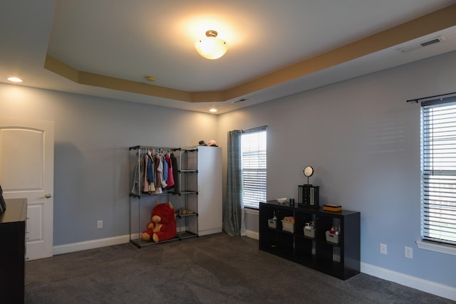 misc room featuring dark colored carpet and a raised ceiling