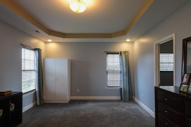 carpeted bedroom featuring a tray ceiling