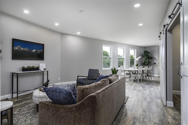 living room featuring dark hardwood / wood-style floors and a barn door