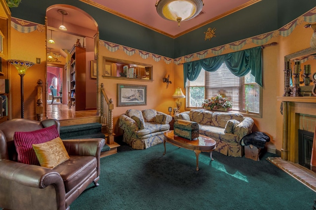 1023 Riverside Dr, Greenup, KY 41144 - carpeted living room featuring ornamental molding, a fireplace with raised hearth, arched walkways, and stairs