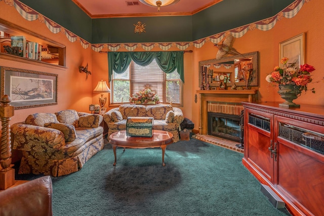 1023 Riverside Dr, Greenup, KY 41144 - living area with carpet flooring, crown molding, and a brick fireplace