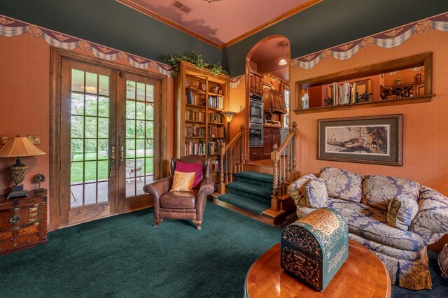 1023 Riverside Dr, Greenup, KY 41144 - sitting room featuring carpet floors, crown molding, french doors, and stairs