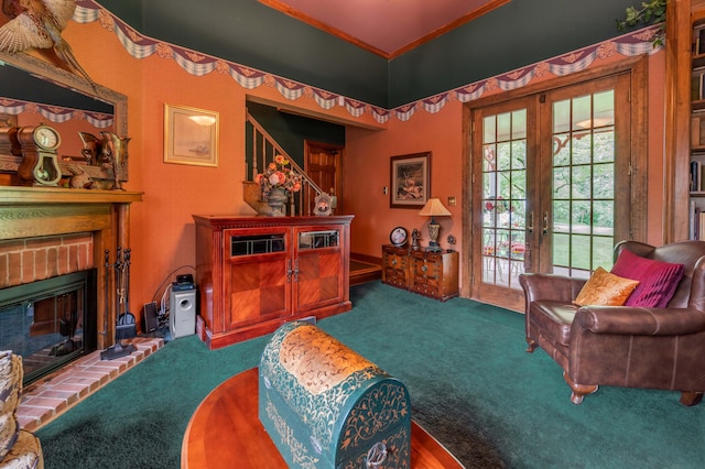 1023 Riverside Dr, Greenup, KY 41144 - living area featuring carpet floors, french doors, a brick fireplace, and crown molding