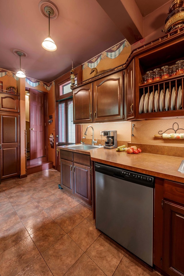1023 Riverside Dr, Greenup, KY 41144 - kitchen with stainless steel dishwasher, a sink, light countertops, and tile patterned floors