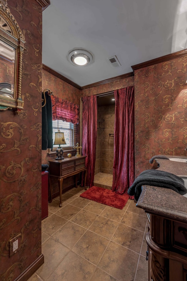 1023 Riverside Dr, Greenup, KY 41144 - bathroom featuring crown molding, tiled shower, and tile patterned flooring