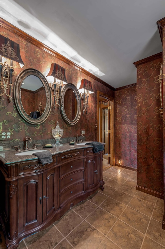 1023 Riverside Dr, Greenup, KY 41144 - full bath with wallpapered walls, ornamental molding, baseboards, tile patterned flooring, and double vanity