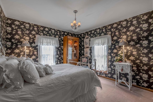 1023 Riverside Dr, Greenup, KY 41144 - bedroom with multiple windows, a chandelier, carpet flooring, baseboards, and crown molding