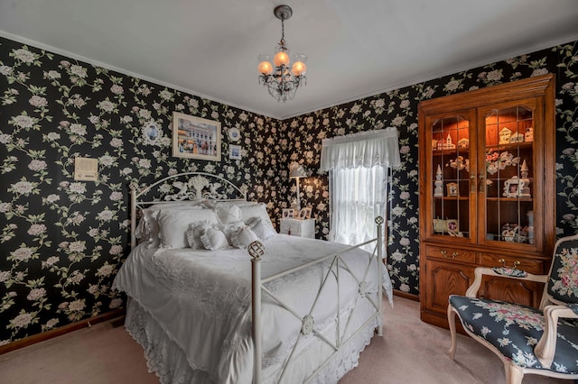 1023 Riverside Dr, Greenup, KY 41144 - bedroom featuring wallpapered walls, light colored carpet, baseboards, ornamental molding, and a chandelier