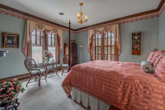 1023 Riverside Dr, Greenup, KY 41144 - bedroom with ornamental molding, multiple windows, a chandelier, baseboards, and carpet floors