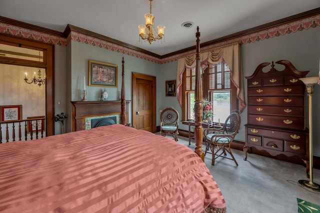 1023 Riverside Dr, Greenup, KY 41144 - carpeted bedroom featuring a chandelier, ornamental molding, and baseboards