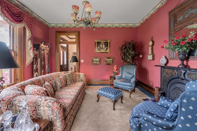 1023 Riverside Dr, Greenup, KY 41144 - carpeted living area featuring a chandelier and baseboards