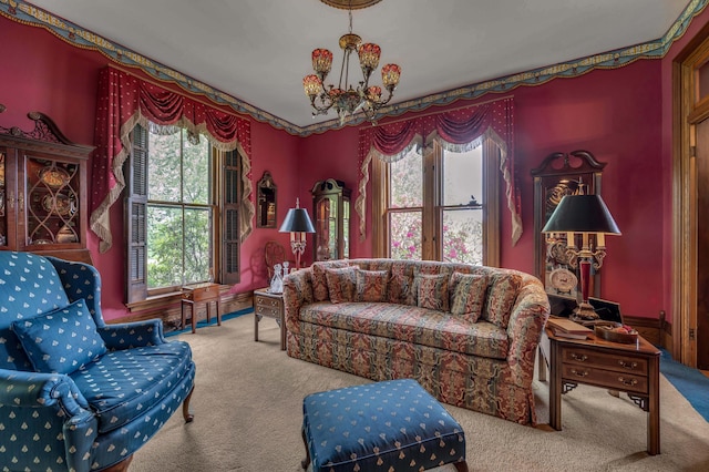 1023 Riverside Dr, Greenup, KY 41144 - living room featuring a chandelier, carpet flooring, and plenty of natural light