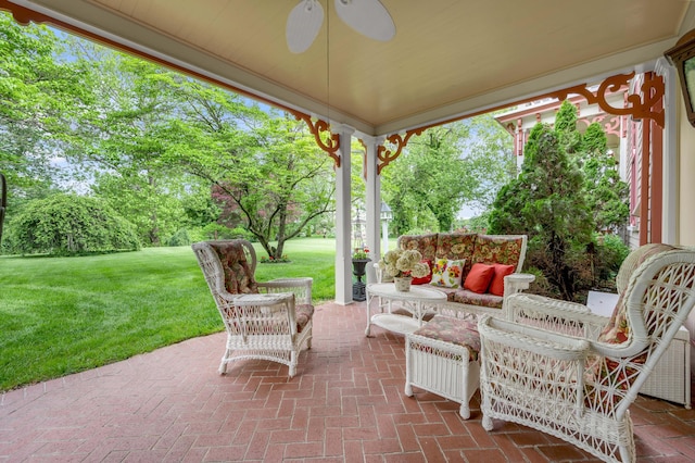 1023 Riverside Dr, Greenup, KY 41144 - view of patio / terrace featuring a ceiling fan, outdoor lounge area, and view of scattered trees