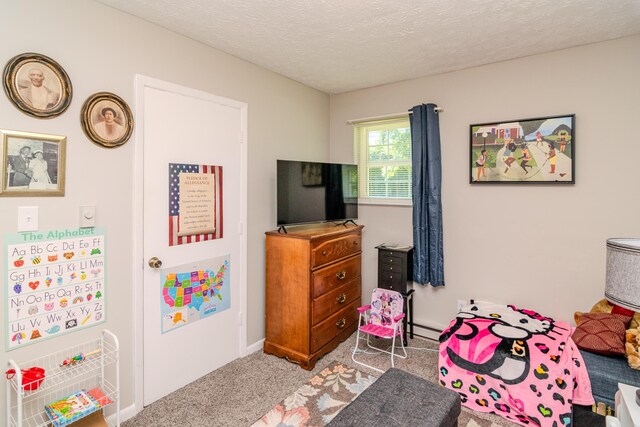 playroom featuring light colored carpet, a textured ceiling, and a baseboard heating unit