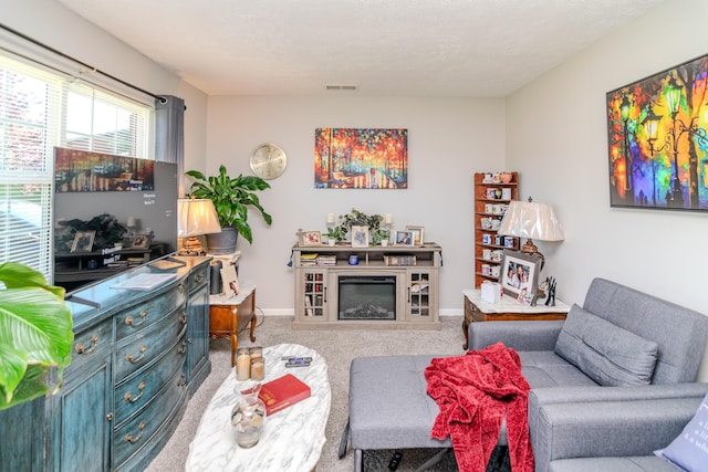 living room featuring a textured ceiling and light carpet