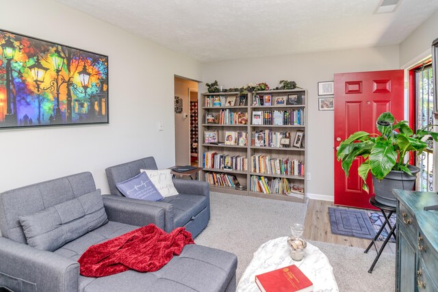 living room with a textured ceiling and light hardwood / wood-style floors