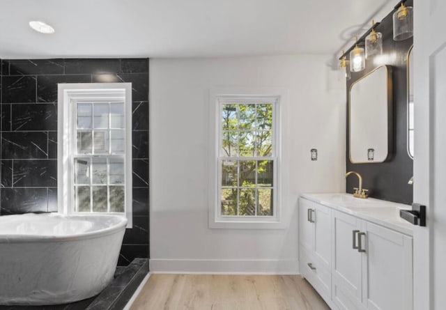 bathroom with vanity, hardwood / wood-style flooring, and a bathing tub