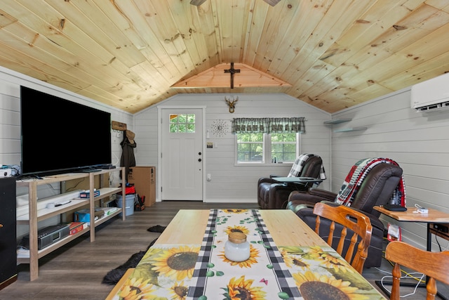 dining area featuring wood walls, lofted ceiling, dark hardwood / wood-style floors, a wall mounted AC, and wood ceiling