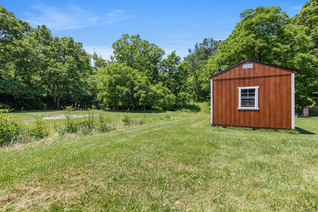 view of yard featuring a storage unit