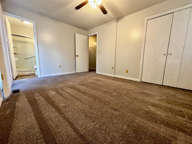 unfurnished bedroom featuring visible vents, baseboards, connected bathroom, ceiling fan, and carpet flooring