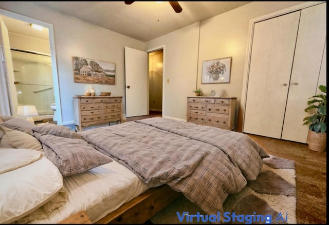 carpeted bedroom featuring ensuite bath, ceiling fan, and a closet