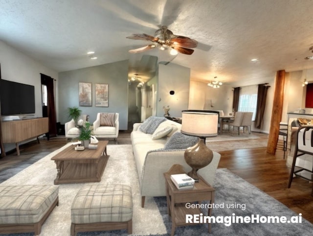 living room with a textured ceiling, recessed lighting, ceiling fan with notable chandelier, wood finished floors, and vaulted ceiling