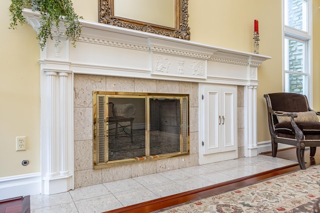 room details with a tiled fireplace