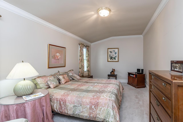 bedroom with light carpet, vaulted ceiling, and ornamental molding