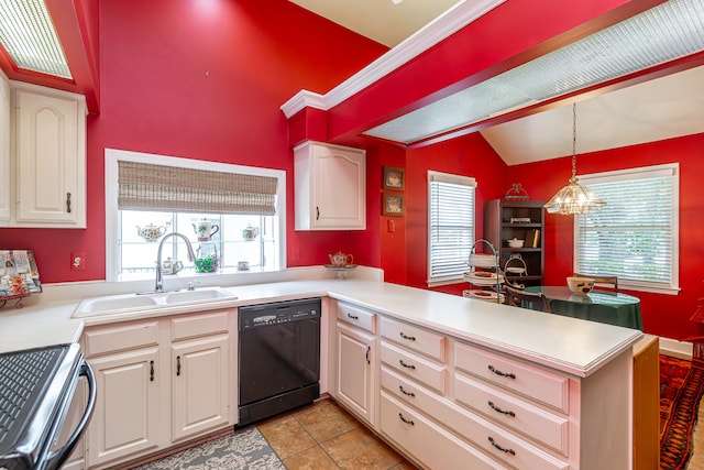 kitchen with vaulted ceiling, sink, stainless steel range oven, black dishwasher, and hanging light fixtures