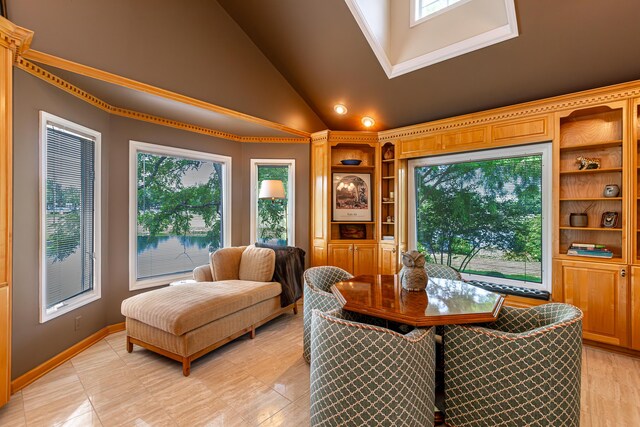 tiled dining space with vaulted ceiling with beams, a water view, a brick fireplace, and wooden ceiling