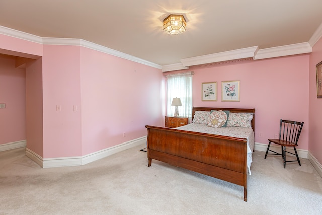 bedroom with light carpet and ornamental molding