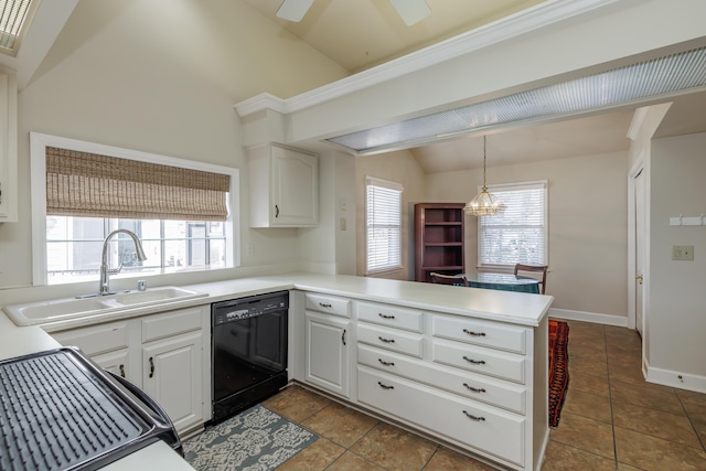 kitchen featuring dishwasher, sink, white cabinets, and kitchen peninsula