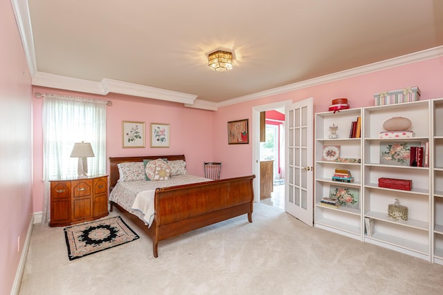 carpeted bedroom featuring ornamental molding