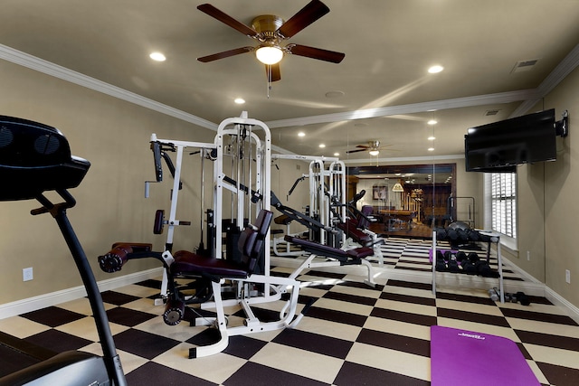 workout area featuring tile patterned floors, visible vents, recessed lighting, and crown molding