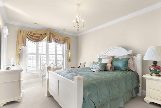 bedroom with visible vents, ornamental molding, baseboards, light colored carpet, and a chandelier