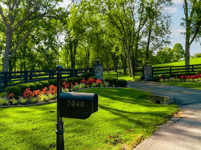 surrounding community with a yard and a fenced front yard