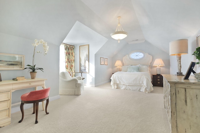 bedroom with carpet floors, multiple windows, baseboards, and vaulted ceiling