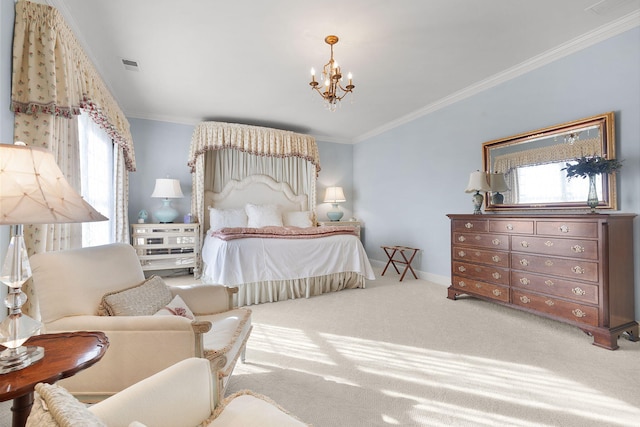 carpeted bedroom featuring visible vents, baseboards, an inviting chandelier, and ornamental molding