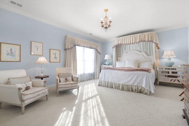 bedroom with visible vents, carpet, an inviting chandelier, and crown molding