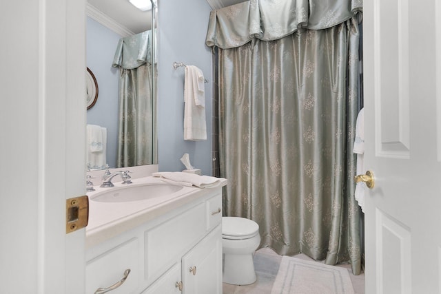 bathroom with toilet, a shower with shower curtain, crown molding, tile patterned flooring, and vanity