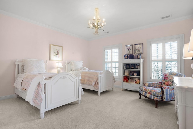 bedroom featuring light carpet, a chandelier, and ornamental molding